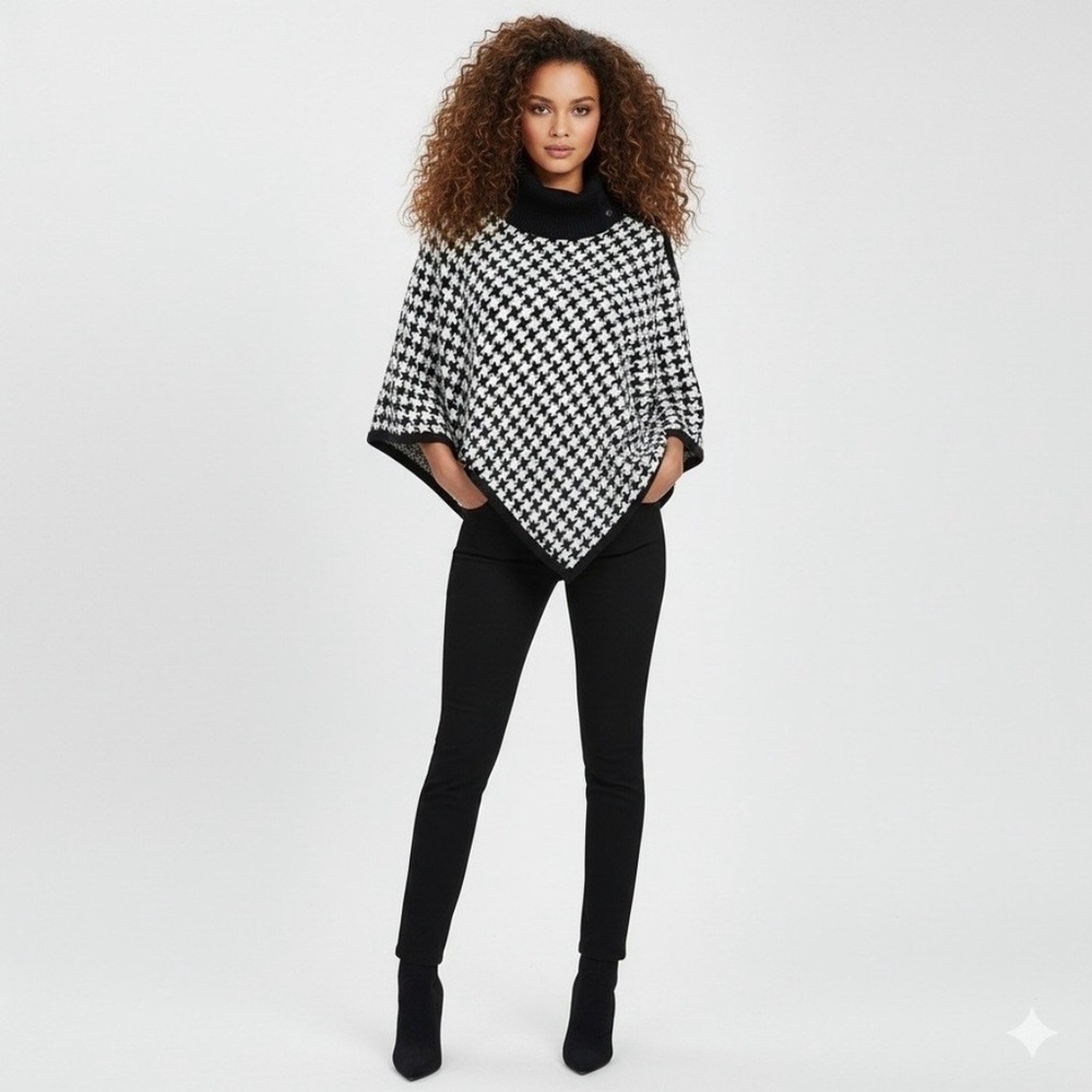 Chicos Black White Houndstooth Tassel Fringe Poncho Sweater Cowl Neck L XL